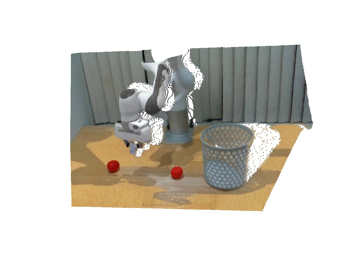 GEM-4D 3D rollout of the trash-in-bin scene